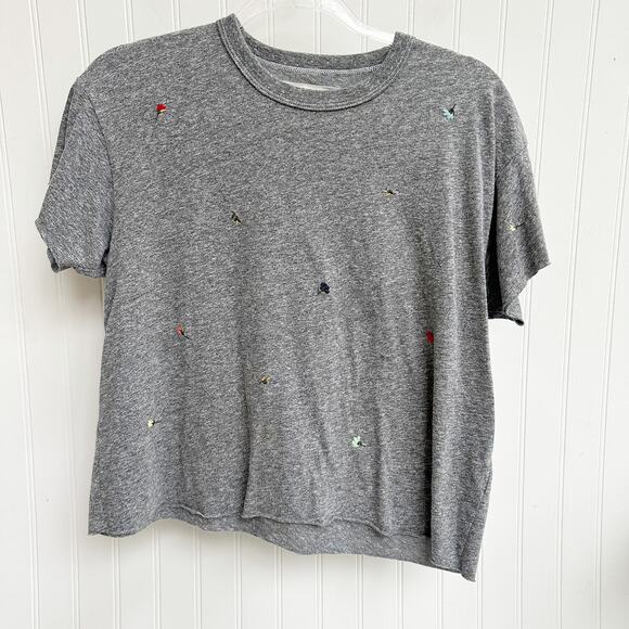 The Great. Cropped Tee Gray Tossed Floral Embroidery Short Sleeve Top XS - Picture 3 of 5